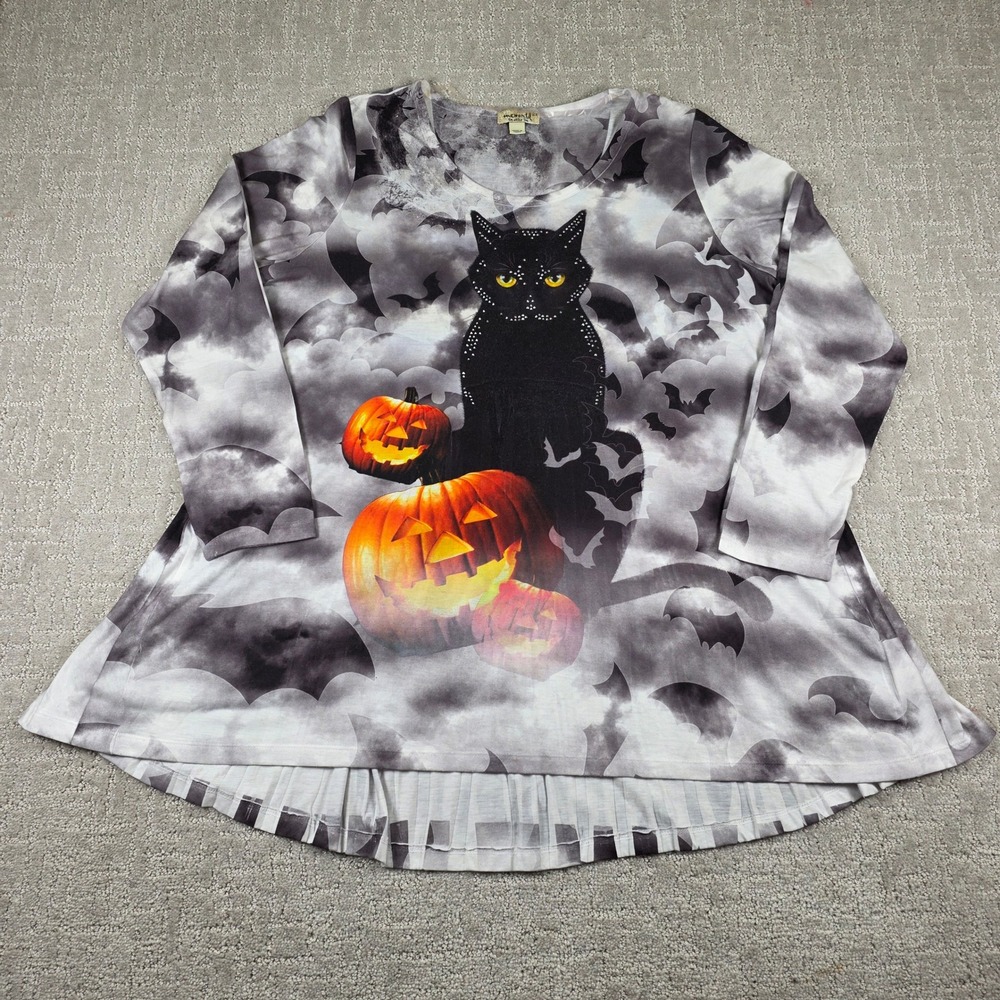 One World Halloween Black Cat Pumpkin Long Sleeve White Gray Tunic Top Size 2X